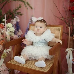 White Tulle Ruffle Baby Dress with Bow Headband